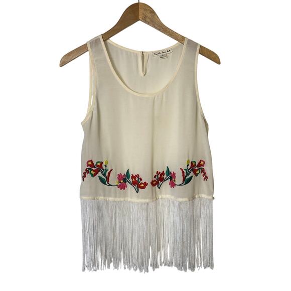 Double Zero Ivory Embroidered Fringe Hem Semi-Sheer Sleeveless Top Size Small - Picture 1 of 8